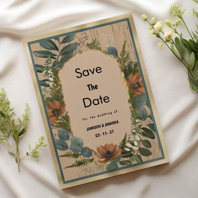 Rustic brown orange gold mint floral Save The Date Invitation (Rustic brown orange gold mint floral Save The Date )