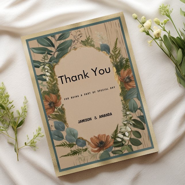 Rustic brown orange gold mint floral Thank You Invitation (Rustic brown orange gold mint floral Thank You )