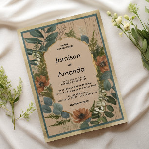 Rustic brown orange gold mint floral Wedding Invitation