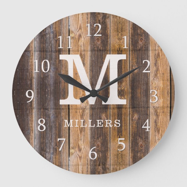 Rustic Brown Pallet Wood Family Name Monogrammed   Large Clock (Front)