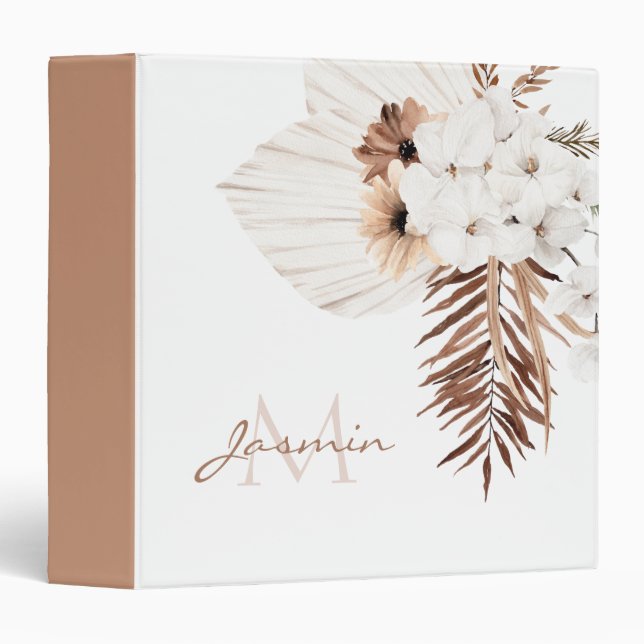 Rustic Brown Pampas Grass White Orchids Monogram 3 Ring Binder (Front/Spine)