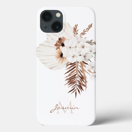 Rustic Brown Pampas Grass White Orchids Monogram iPhone 13 Case