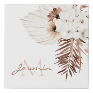 Rustic Brown Pampas Grass White Orchids Monogram Faux Canvas Print