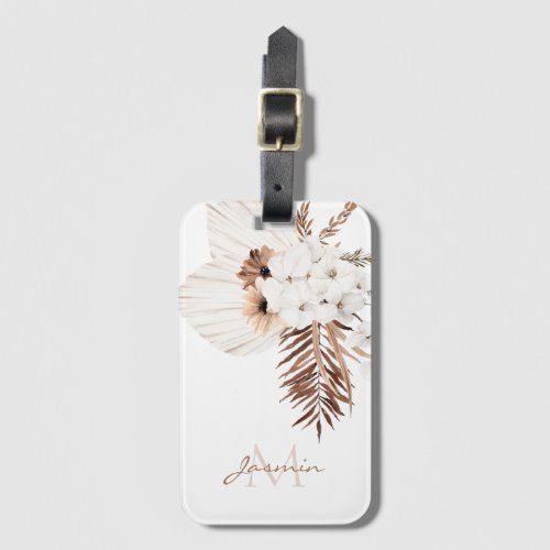 Rustic Brown Pampas Grass White Orchids Monogram Luggage Tag