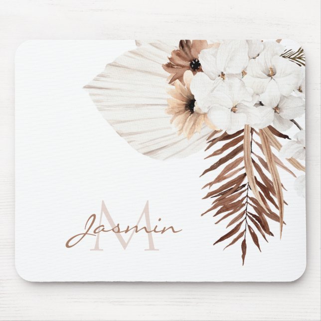 Rustic Brown Pampas Grass White Orchids Monogram Mouse Pad (Front)