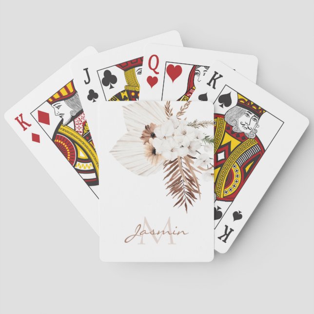 Rustic Brown Pampas Grass White Orchids Monogram Poker Cards (Back)