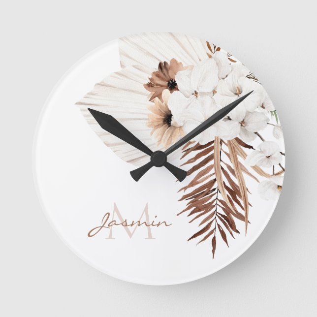 Rustic Brown Pampas Grass White Orchids Monogram Round Clock (Front)