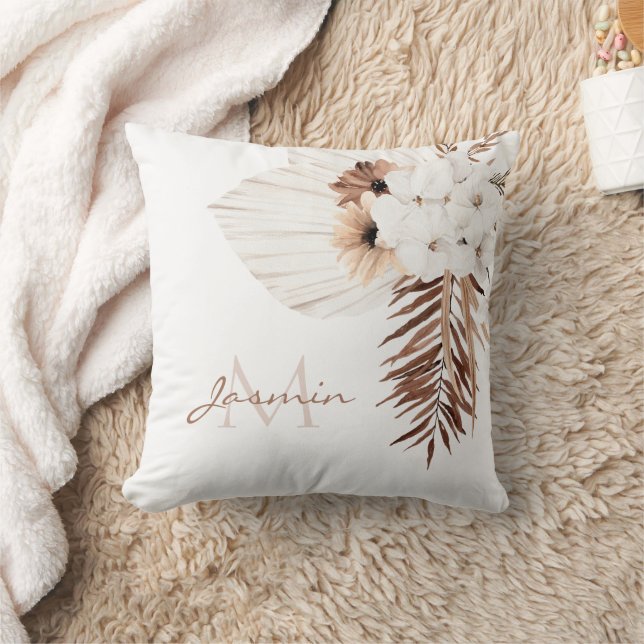 Rustic Brown Pampas Grass White Orchids Monogram Throw Pillow (Blanket)