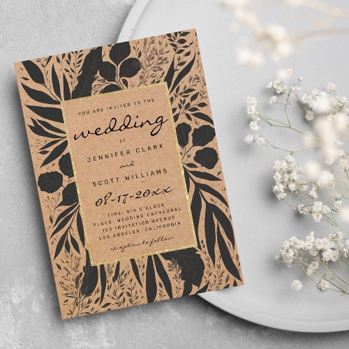 Rustic brown paper black gold floral wedding invitation