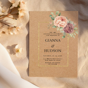 Rustic brown paper coral pink mint floral wedding invitation