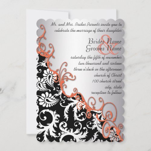 Rustic Brown Paper Damask Tangerine Swirls Personalized Invites