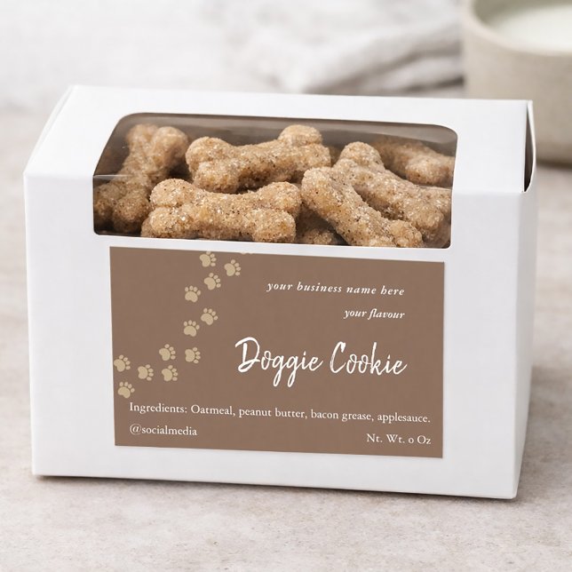 Rustic brown paper dog paw path doggie cookie rect rectangular sticker (Professional Dog cookie sticker with ingredients list. rustic brown with paw prints)