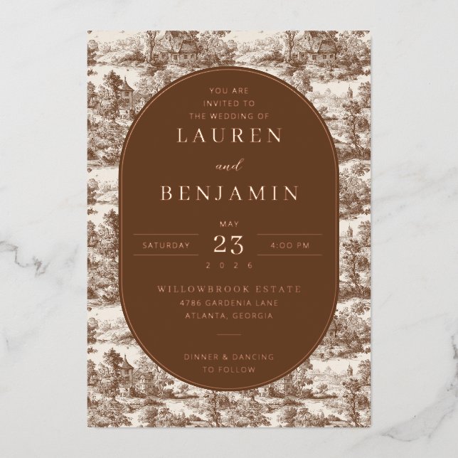 Rustic Brown Pastoral Landscape Foil Invitation (Front)