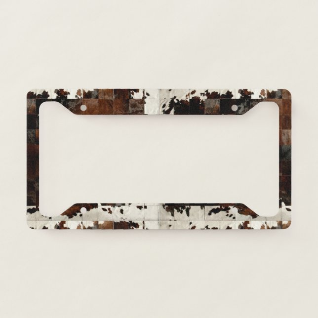 Rustic Brown Patchwork Cowhide License Plate Frame (Front)