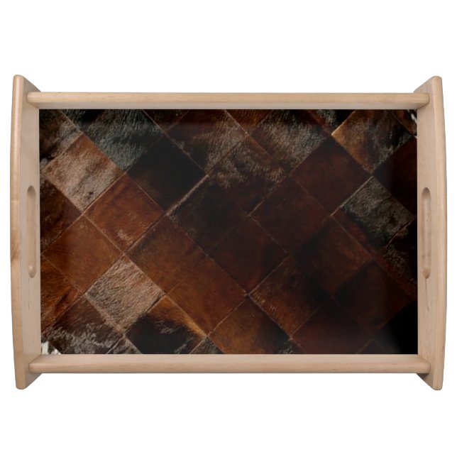 Rustic Brown Patchwork Cowhide Serving Tray (Front)