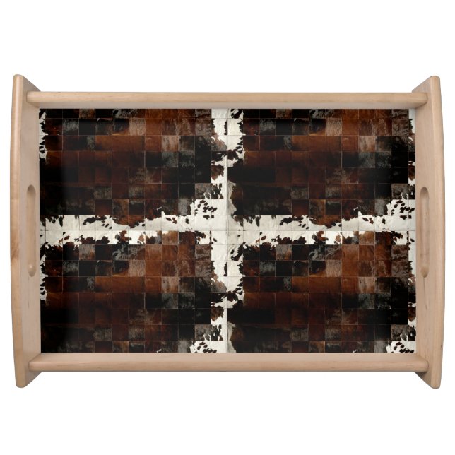 Rustic Brown Patchwork Cowhide Serving Tray (Front)