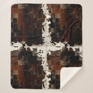 Rustic Brown Patchwork Cowhide Sherpa Blanket