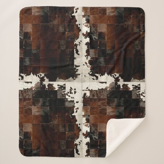 Rustic Brown Patchwork Cowhide Sherpa Blanket (Front)
