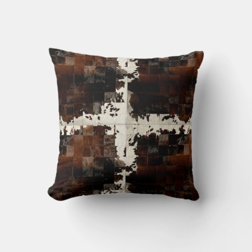 Rustic Brown Patchwork Cowhide Throw Pillow