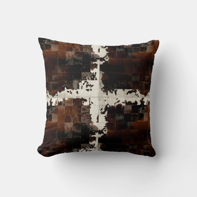 Rustic Brown Patchwork Cowhide Throw Pillow (Front)