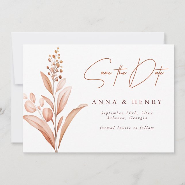 Rustic Brown Peach Leaves Watercolor Wedding Invitation (Front)