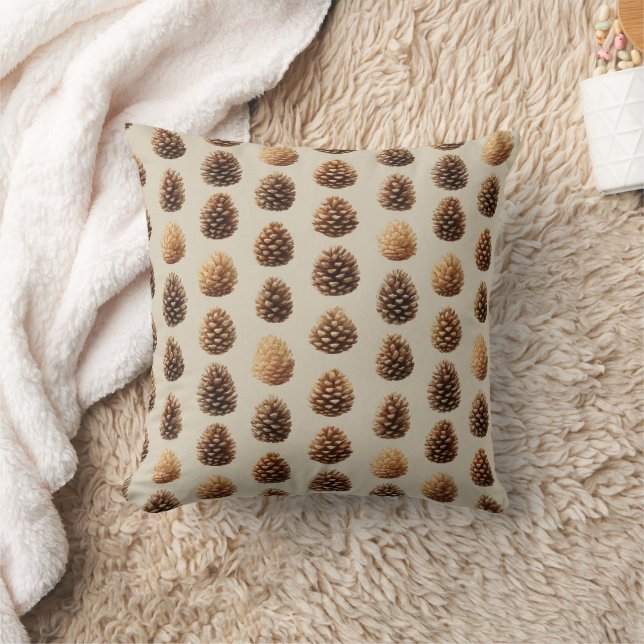 Rustic Brown Pine Cone Winter Pattern Throw Pillow (Blanket)