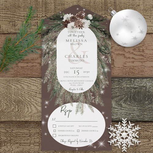 Rustic Brown Pine Winter Sparkle Dinner All In One Invitation