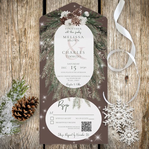 Rustic Brown Pine Winter Sparkle QR All In One Invitation