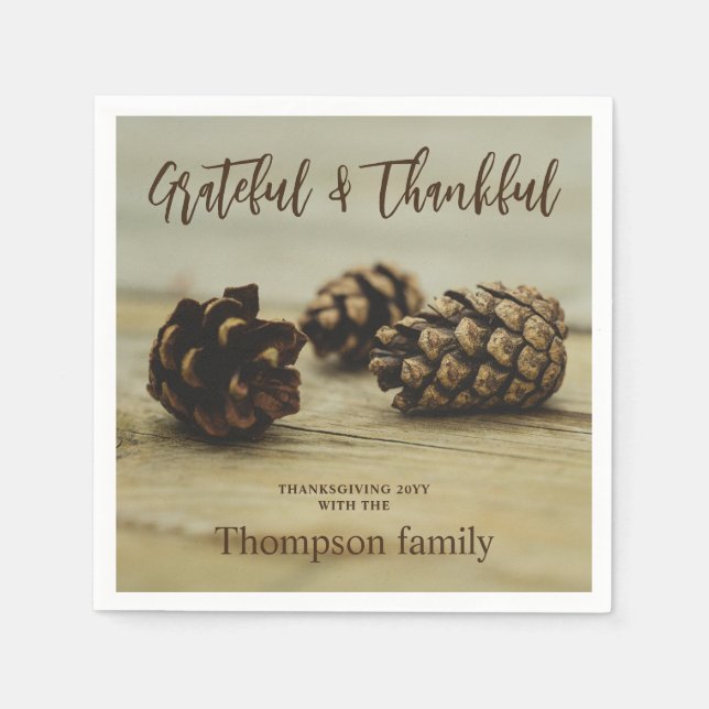 Rustic Brown Pinecones Custom Name Thanksgiving Napkins (Front)