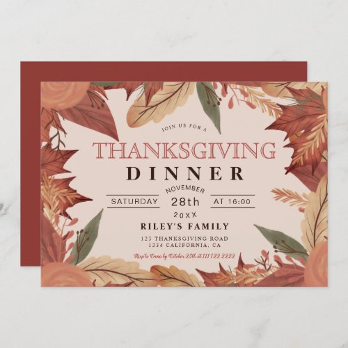 Rustic brown pink fall leaf floral thanksgiving invitation