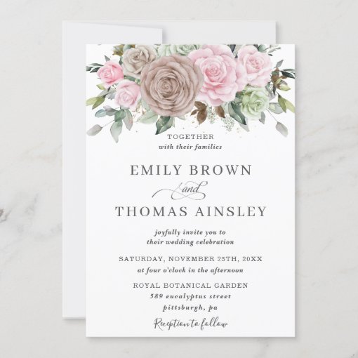 Rustic Brown Pink Sage Floral Greenery Wedding Invitation | Zazzle