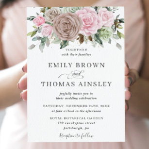 Rustic Brown Pink Sage Floral Greenery Wedding Invitation