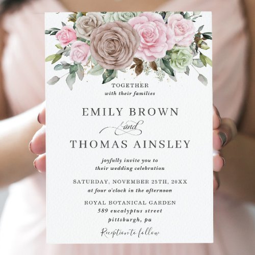 Rustic Brown Pink Sage Floral Greenery Wedding Invitation