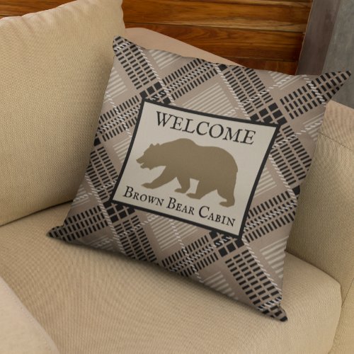 Rustic Brown Plaid Cabin Bear Decor Custom Throw Pillow