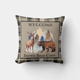 Rustic Brown Plaid Cabin Bear Decor Watercolor Throw Pillow