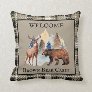 Rustic Brown Plaid Cabin Bear Decor Watercolor Throw Pillow