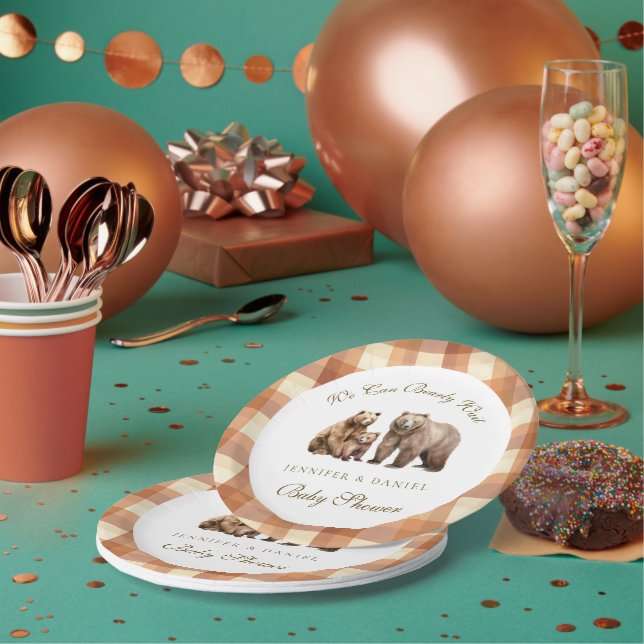Rustic Brown Plaid Grizzly Bear Family Baby Shower Paper Plates (Multi)