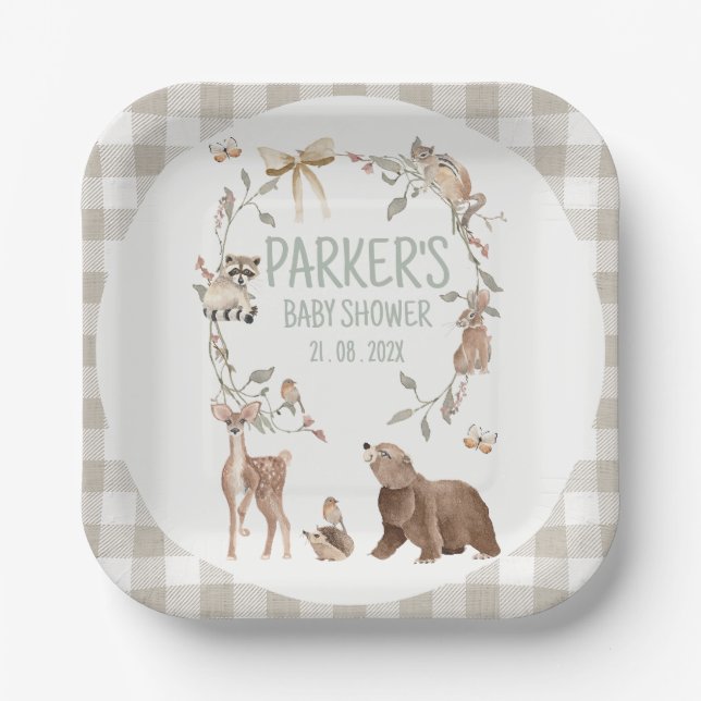 Rustic Brown Plaid Woodland Baby Shower Paper Paper Plates (Front)