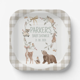 Rustic Brown Plaid Woodland Baby Shower Paper Plates
