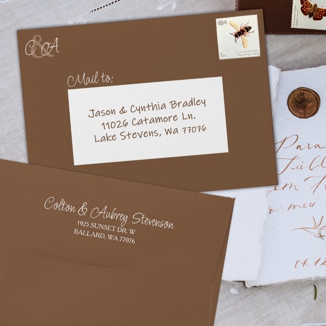 Rustic Brown, Pre-addressed 5x7 Monogram Wedding Envelope (Rustic brown 5x7 invitation envelope with address pre-printed on back, couple's initials on front)