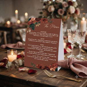 Rustic Brown Romantic Floral Menu ,Wedding Menu Paper Table Tent