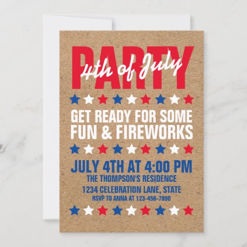 Rustic Brown Stamped Star 4th of July Party Invitation