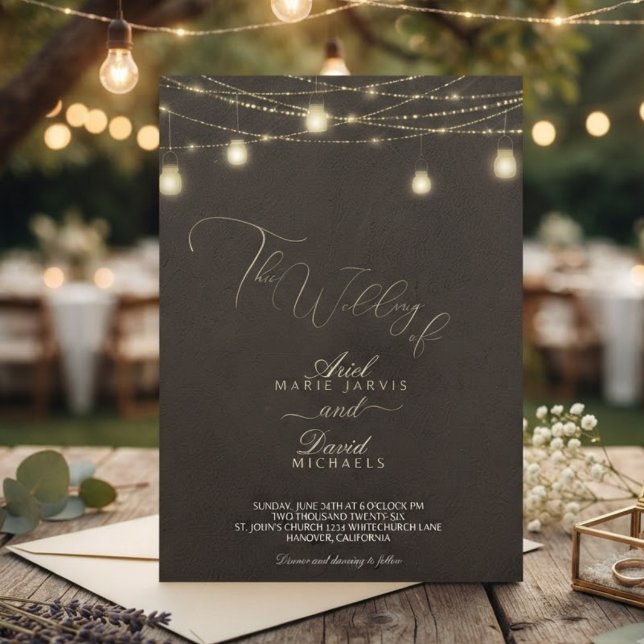 Rustic Brown String Lights Romantic Wedding Invitation (Creator Uploaded)