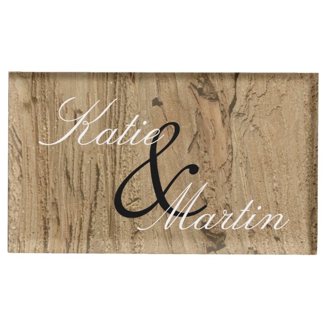 Rustic Brown Stripe Woodgrain Couple Name Wedding Place Card Holder (Front)