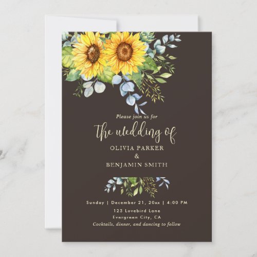 Rustic Brown Sunflower Calligraphy Floral Wedding Invitation