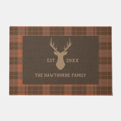 Rustic brown tartan Custom Family Name Deer Buck Doormat