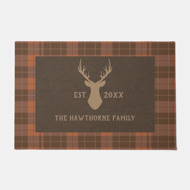 Rustic brown tartan Custom Family Name Deer Buck Doormat (Front)