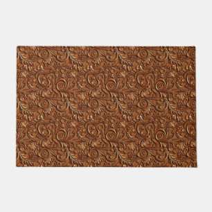Rustic brown tooled leather doormat