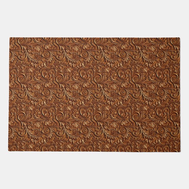 Rustic brown tooled leather doormat (Front)