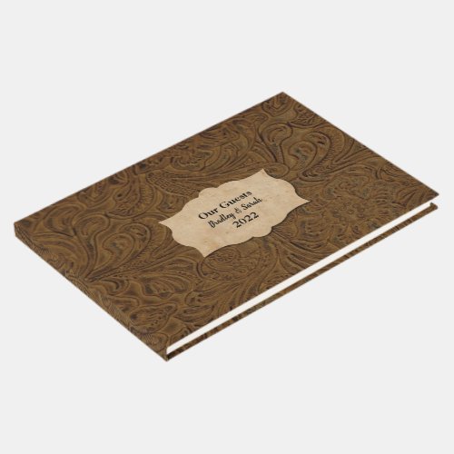 Rustic Brown Tooled Leather Faux Personalized Guest Book